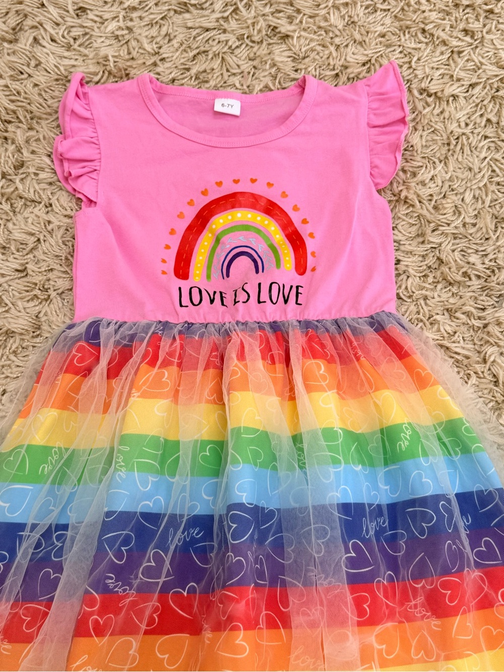 Girls Rainbow “Love Is Love” Dress – Size 6‑7Y – Good Condition - Picture 3 of 5